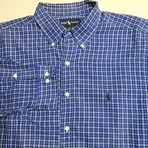 Ralph Lauren Yarmouth Size 17 1/2 34/35 Long Sleeve Button Down Blue Check‎ Pony